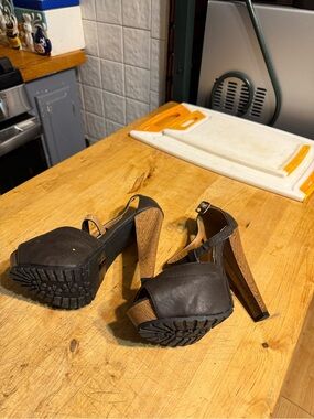 Qupid Brown Platform Heels with Wood-Look Block Heel